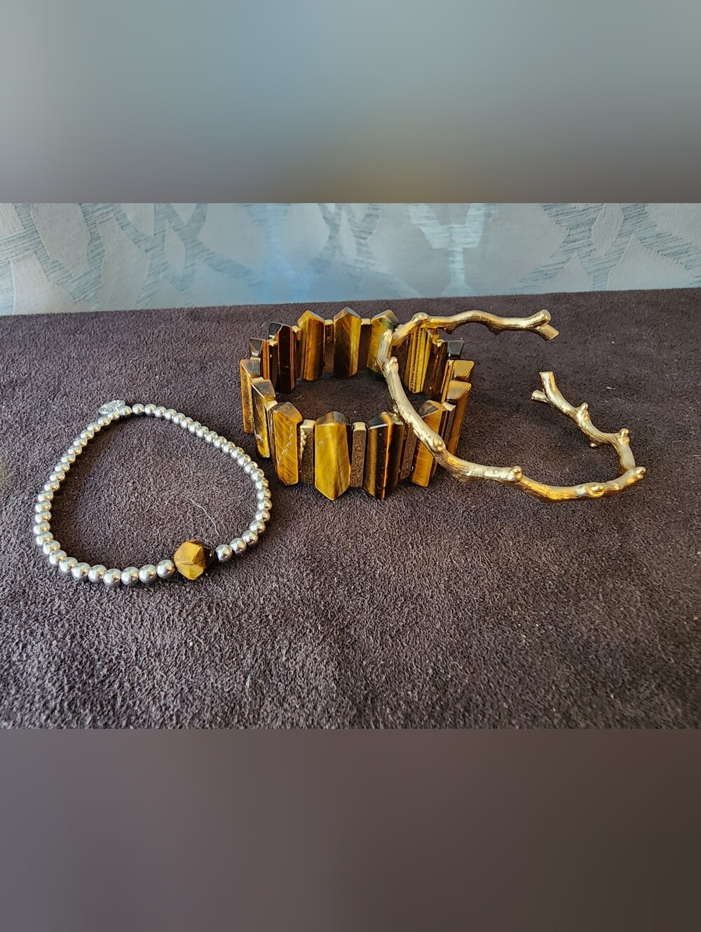 Rustic Cuff Boho Set Tiger's Eye Cuff, Gold Branch & Silver Bead Bracelet